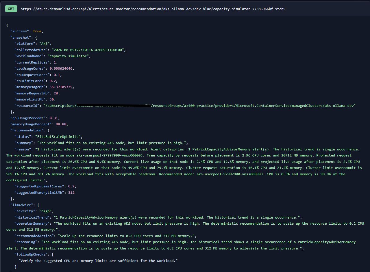 Capacity Advisor recommendation JSON screenshot