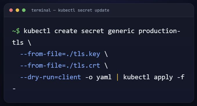 Terminal screenshot of the kubectl secret update command