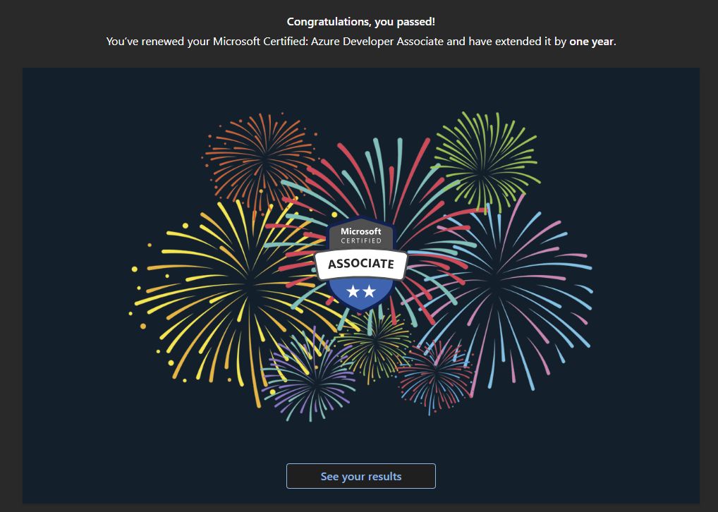 AZ-204 renewal congratulations screen