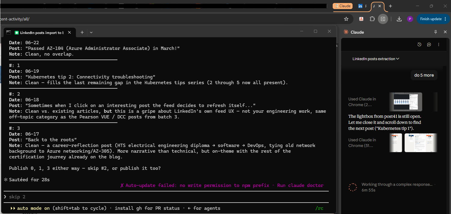Claude Code reviewing a batch of captured LinkedIn posts alongside Claude in Chrome doing the browser automation