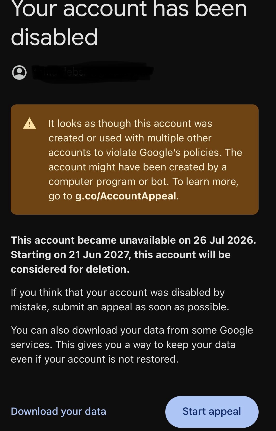 Account disabled screenshot