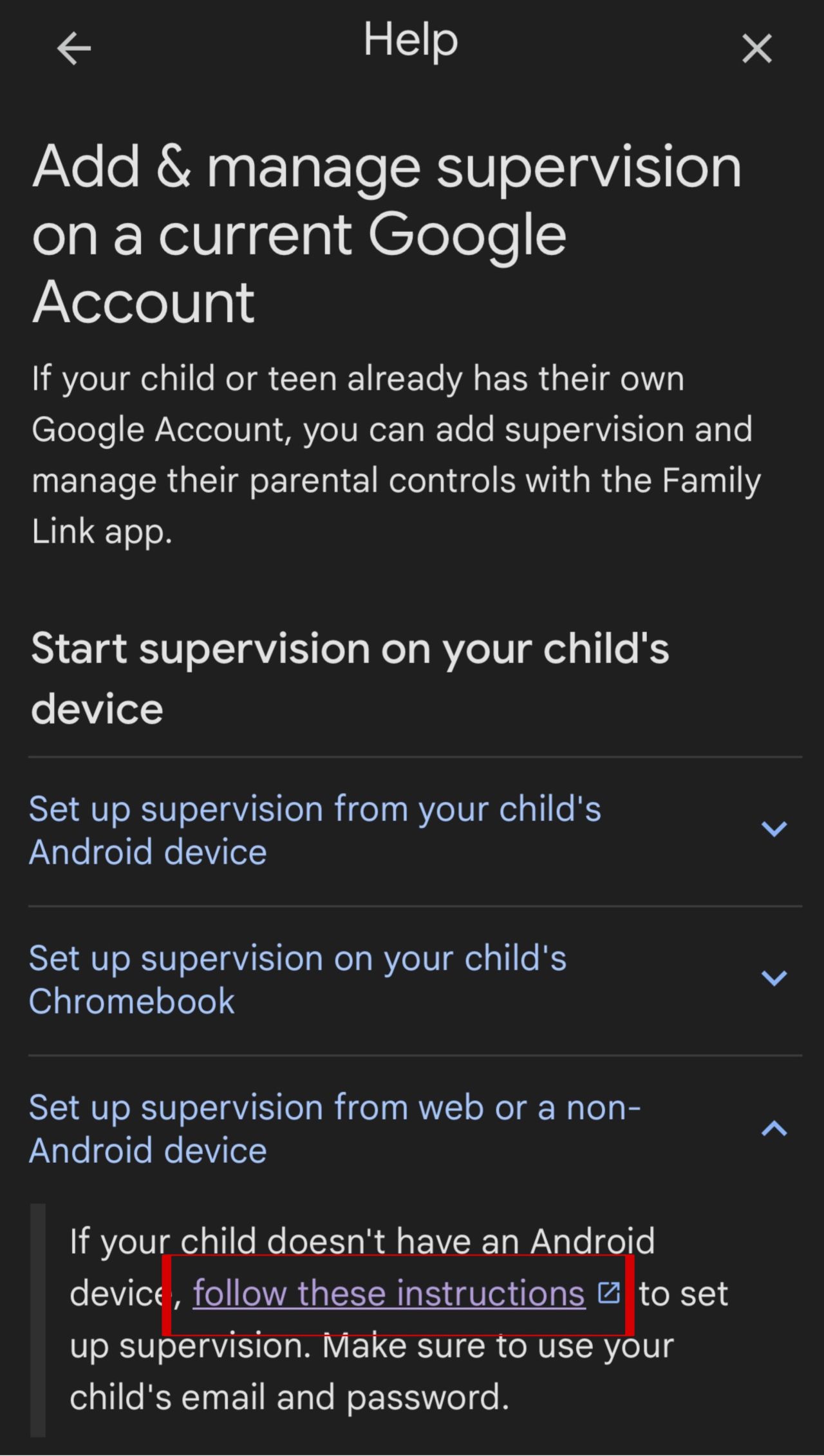 Family Link help page screenshot