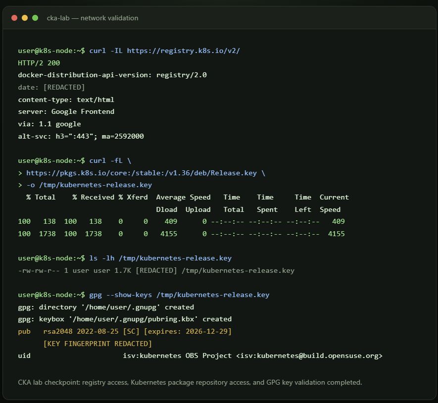 CKA lab network validation screenshot