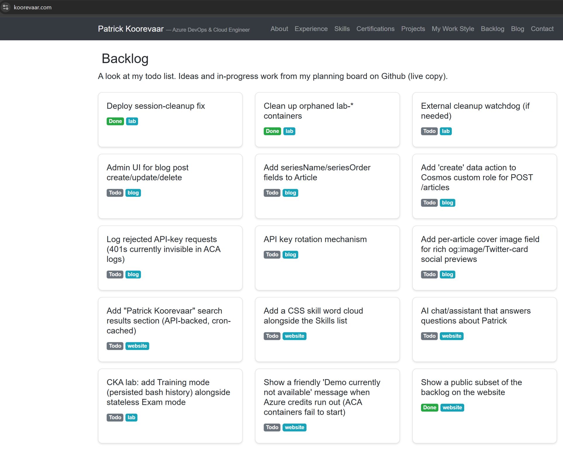 Backlog board screenshot