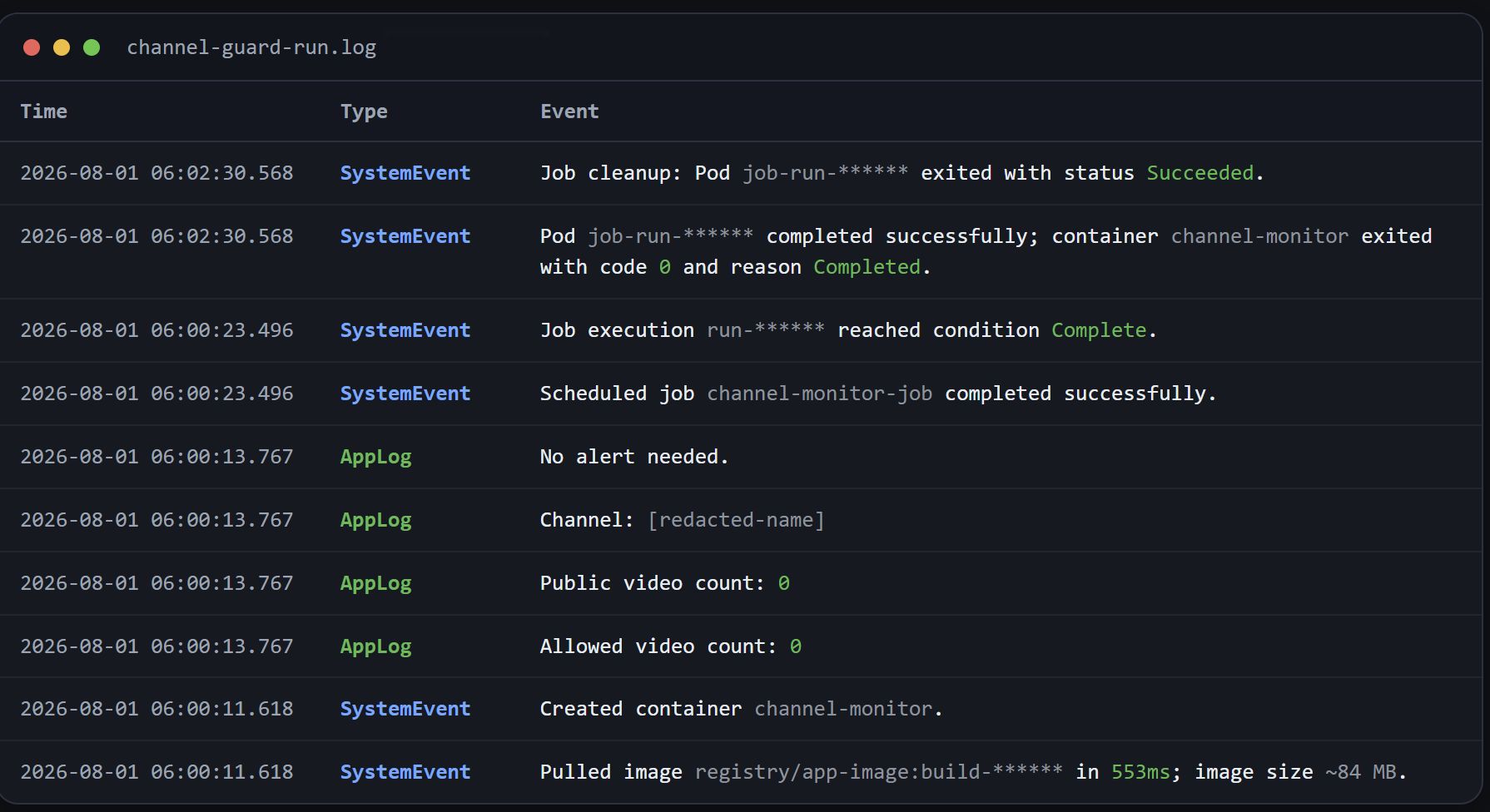 Channel monitor job log screenshot